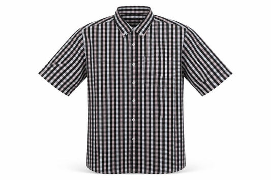 Front view of Dunnes men’s multicoloured check polyester button-up, size L, collared