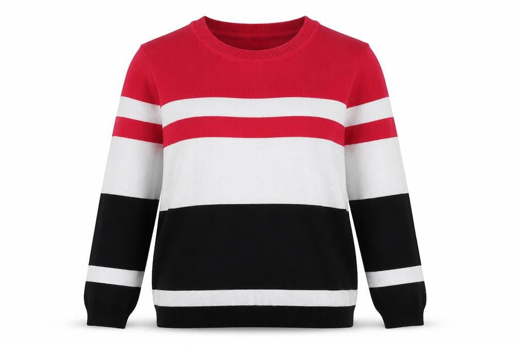 Front view of Dunnes women’s multicoloured round neck striped polyester jumper, size S