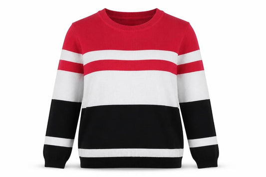Front view of Dunnes women’s multicoloured round neck striped polyester jumper, size S