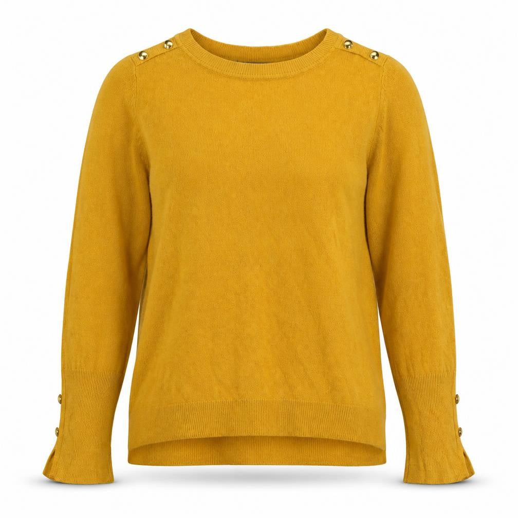Front view of Primark women’s yellow round neck acrylic jumper, size S