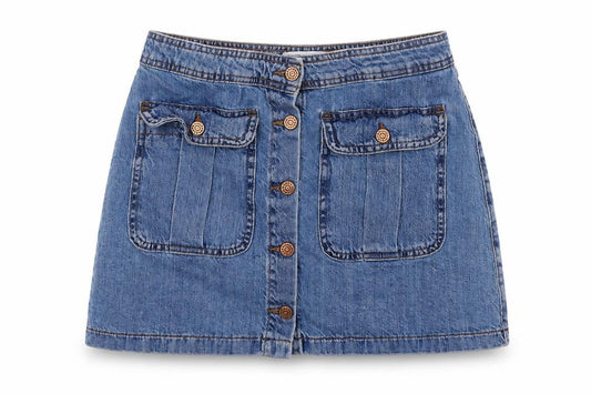 Front view of TRF DENIM women’s blue cotton a-line skirt, size M