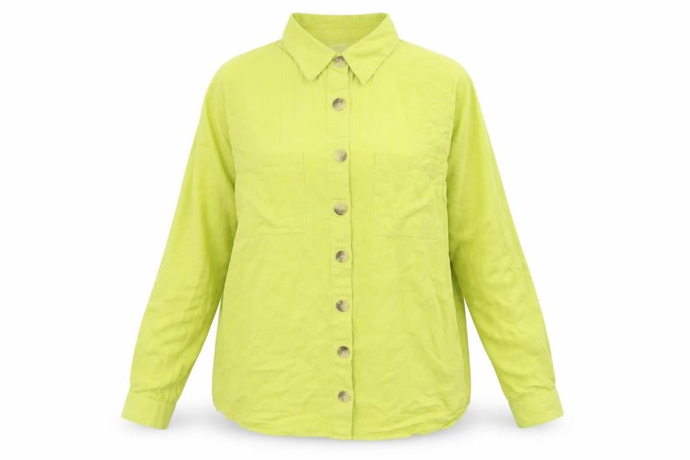 Front view of Missguided women’s green cotton basic button-up, size UK 10, collared