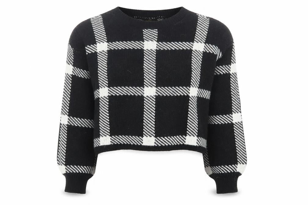 Front view of JENERIQUE women’s black crew neck check acrylic jumper, size L