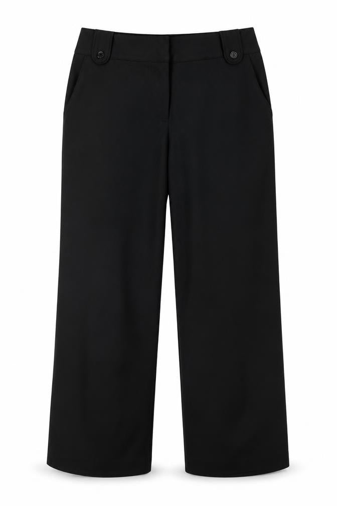 Front view of BHS women’s black polyester trousers, size UK 16, 27-inch leg regular hook & eye