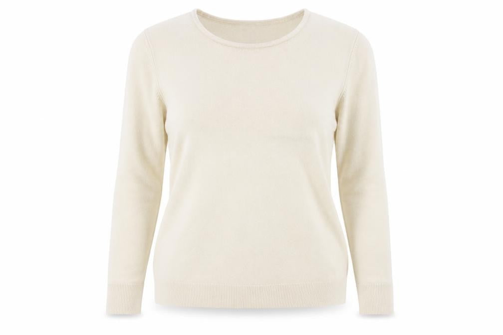 Front view of Debenhams women’s beige crew neck acrylic jumper, size UK 16