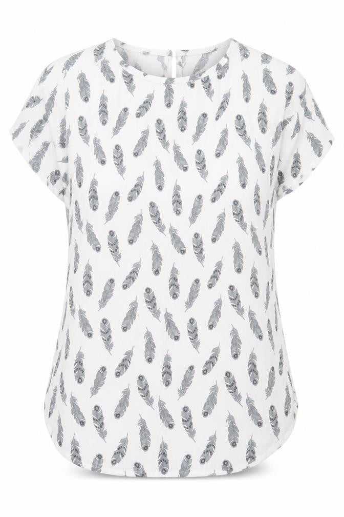 Front view of H&M women’s white geometric viscose basic t-shirt, size UK 6, crew neck