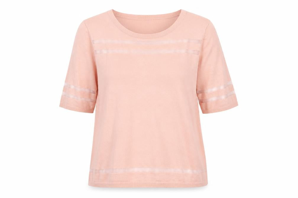 Front view of Dunnes women’s pink round neck viscose jumper, size L