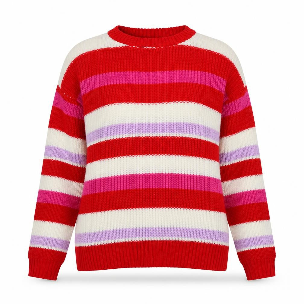 Front view of Boohoo women’s multicoloured round neck striped acrylic jumper, size M
