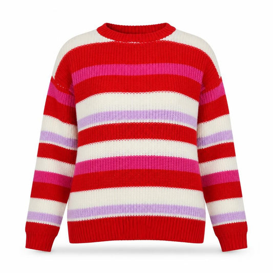 Front view of Boohoo women’s multicoloured round neck striped acrylic jumper, size M