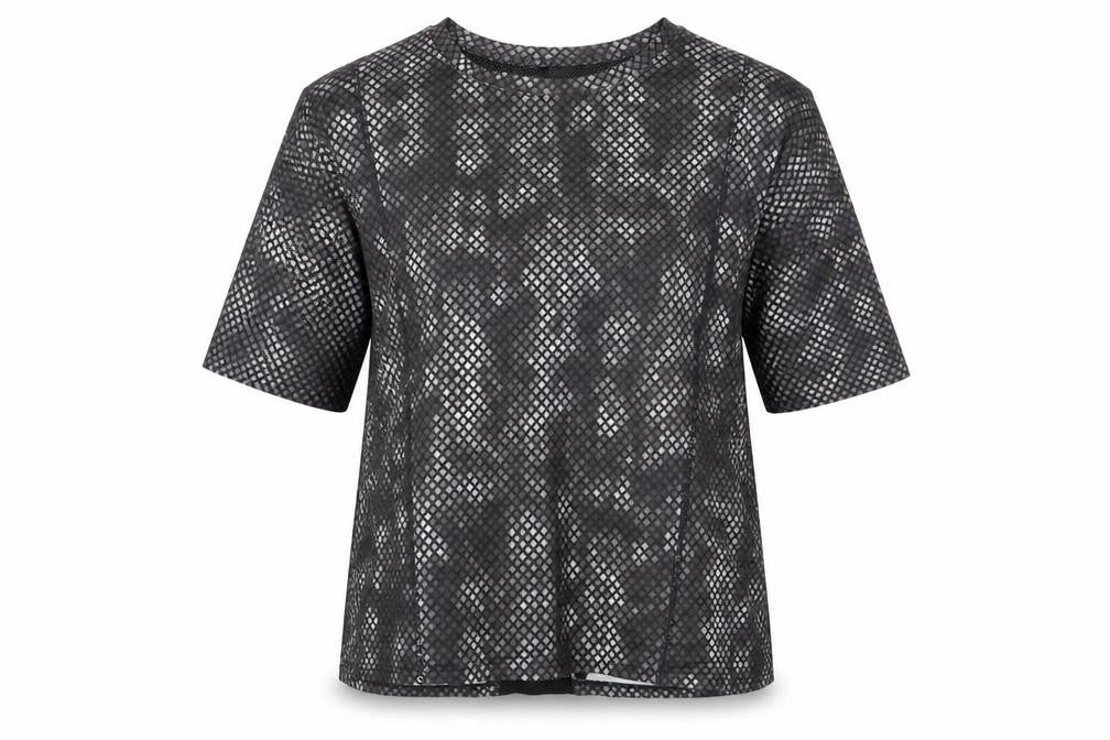 Front view of New Look women’s grey geometric polyester pullover t-shirt, size S, crew neck pullover