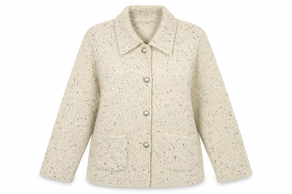 Front view of Emark women’s beige jacket coatigan, size XL, button