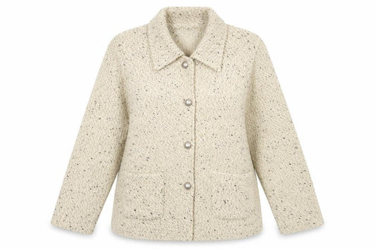 Front view of Emark women’s beige jacket coatigan, size XL, button