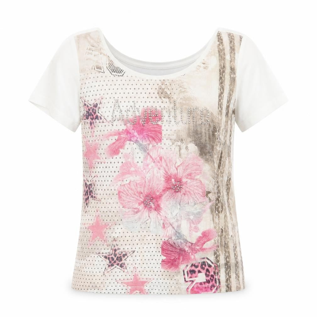 Front view of APANAGE women’s white polyester basic t-shirt, size UK 10, scoop neck