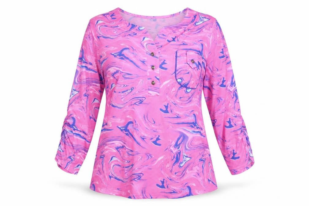 Front view of FM Collection women’s pink geometric viscose basic blouse, size S, round neck