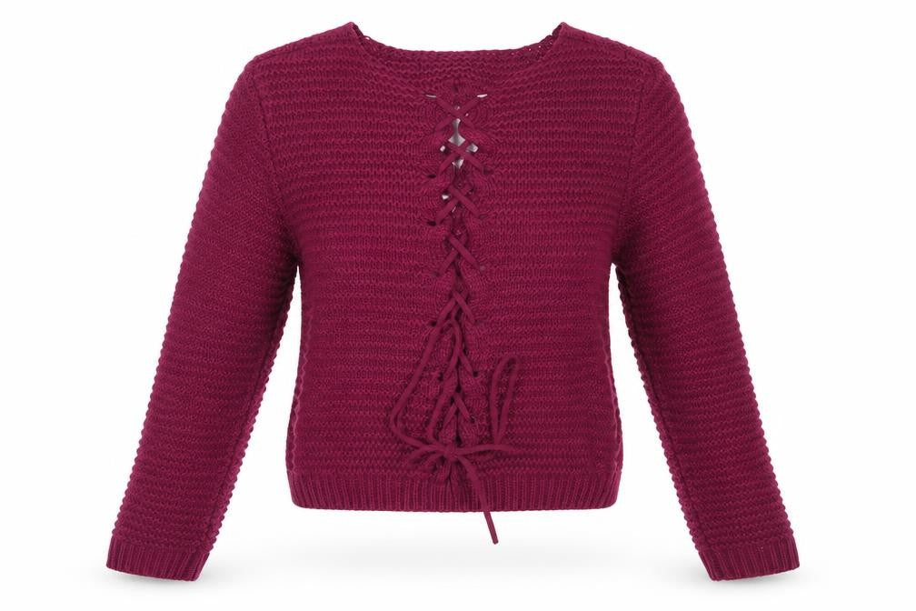Front view of Pretty Guide women’s purple v-neck acrylic jumper, size M