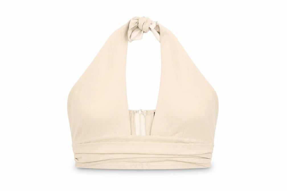 Front view of PRETTYLITTLETHING women’s beige polyester jersey tank, size UK 12, halter