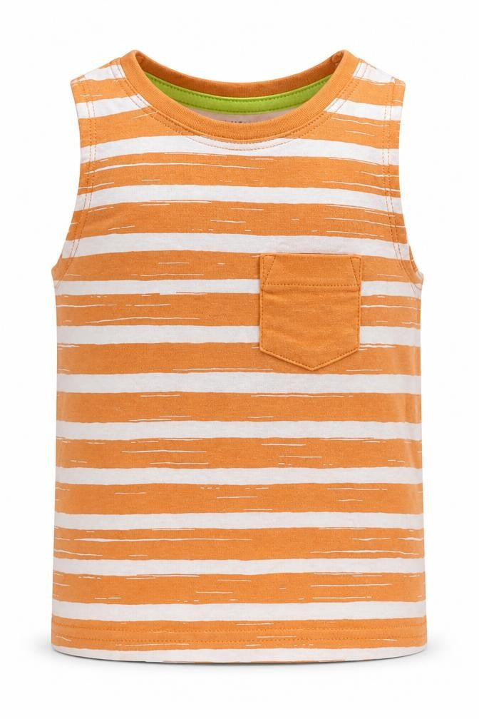 Front view of F&F boys’ orange striped cotton basic tank, size 6-9, months crew neck pullover