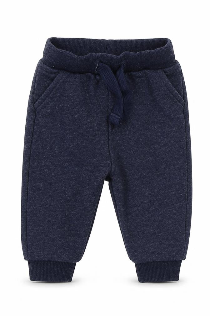 Front view of F&F boys’ blue cotton sweatpants, size 3-6, months drawstring
