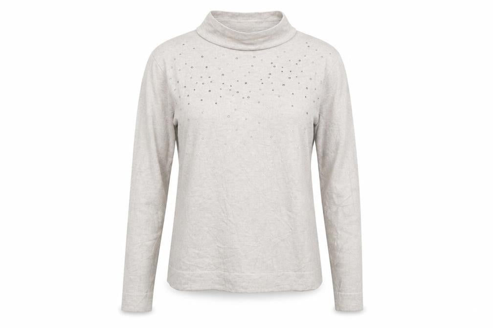 Front view of Betty Barclay women’s grey mock neck acrylic jumper, size M