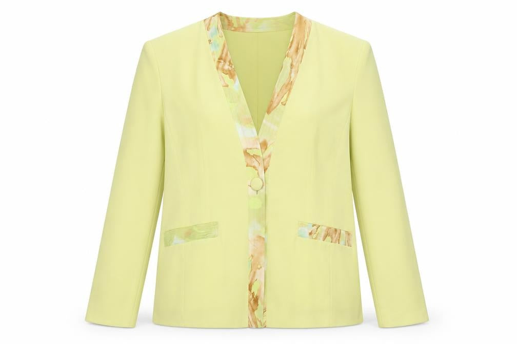 Front view of Gina women’s yellow geometric jacket, size UK 12, button