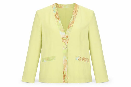 Front view of Gina women’s yellow geometric jacket, size UK 12, button