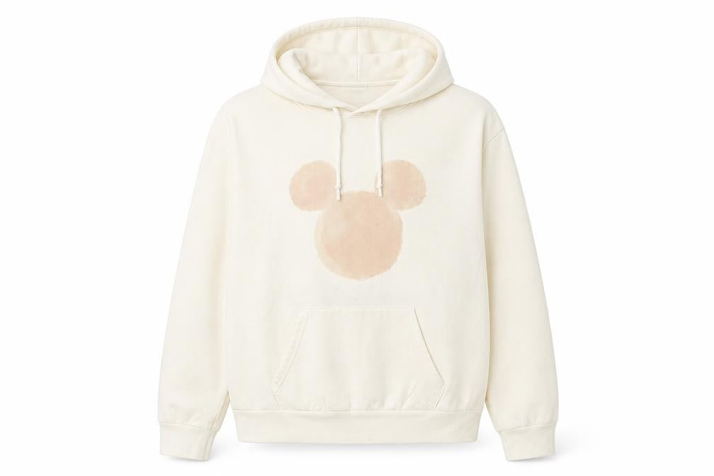 Front view of Disney women’s beige polyester pullover hoodie, size S, drawstring - mic