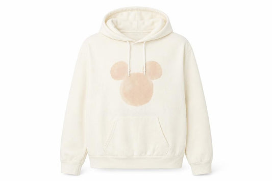 Front view of Disney women’s beige polyester pullover hoodie, size S, drawstring - mic