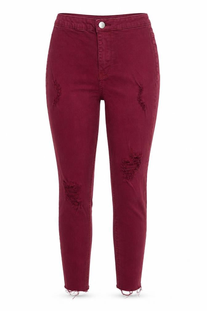 Front view of Primark women’s red cotton straight jeans, size UK 8, 25-inch leg regular zip
