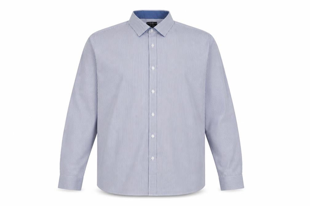 Front view of Taylor & Wright men’s blue striped cotton button-up, size 17, collared button