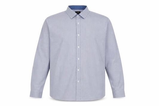 Front view of Taylor & Wright men’s blue striped cotton button-up, size 17, collared button