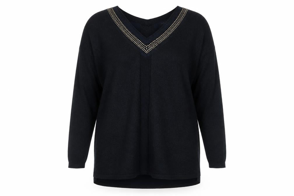 Front view of Next women’s blue v-neck polyester jumper, size UK 12
