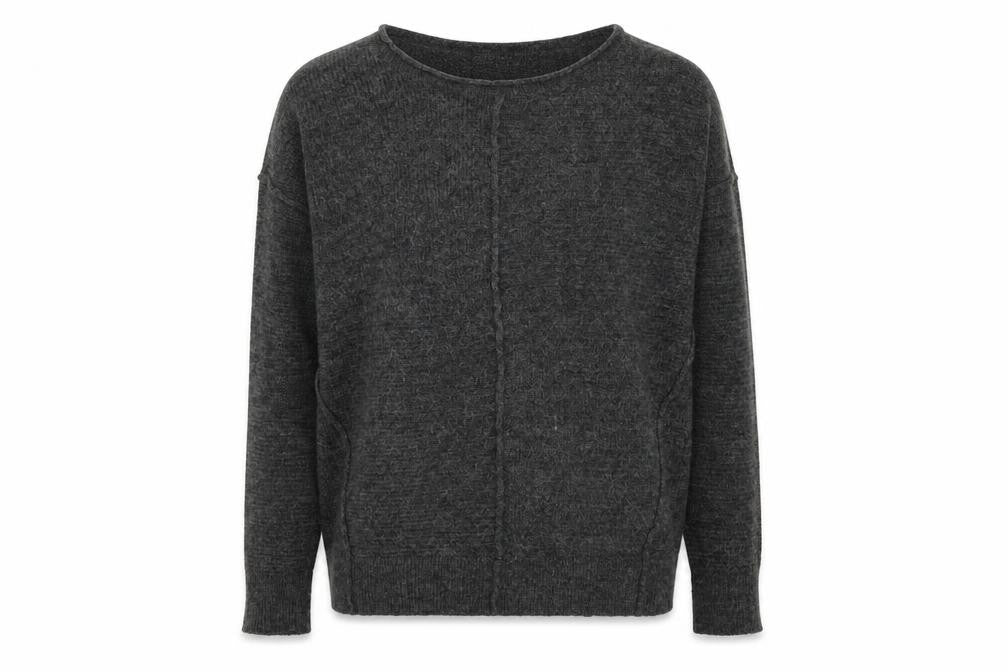Front view of ISLE Essentials women’s grey round neck acrylic jumper, size S