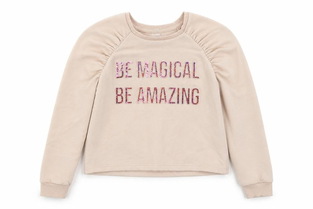 Front view of Matalan girls’ beige cotton pullover sweatshirt, size 9, years pullover