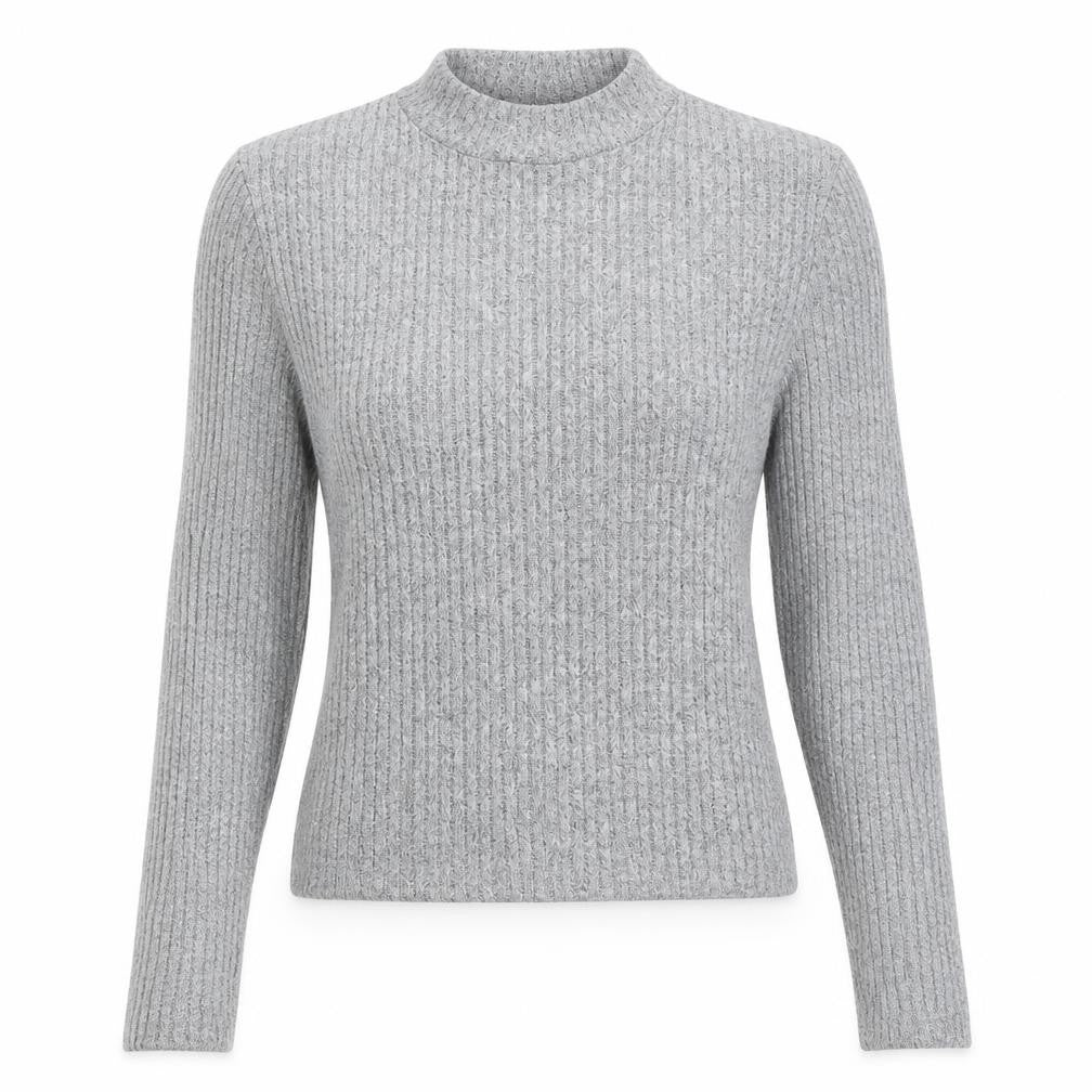 Front view of Miss Selfridge women’s grey high neck polyester jumper, size UK 10