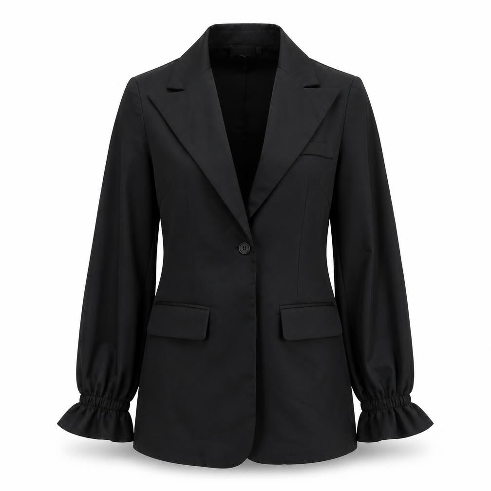 Front view of PRETTYLITTLETHING women’s black jacket, size UK 8, button - shoulder pads