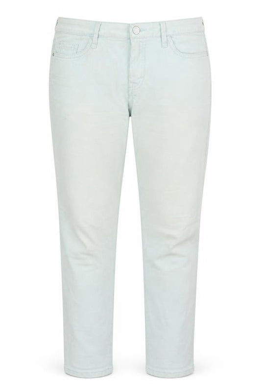 Front view of F&F women’s green polyester tapered jeans, size UK 10, 26-inch leg regular zip