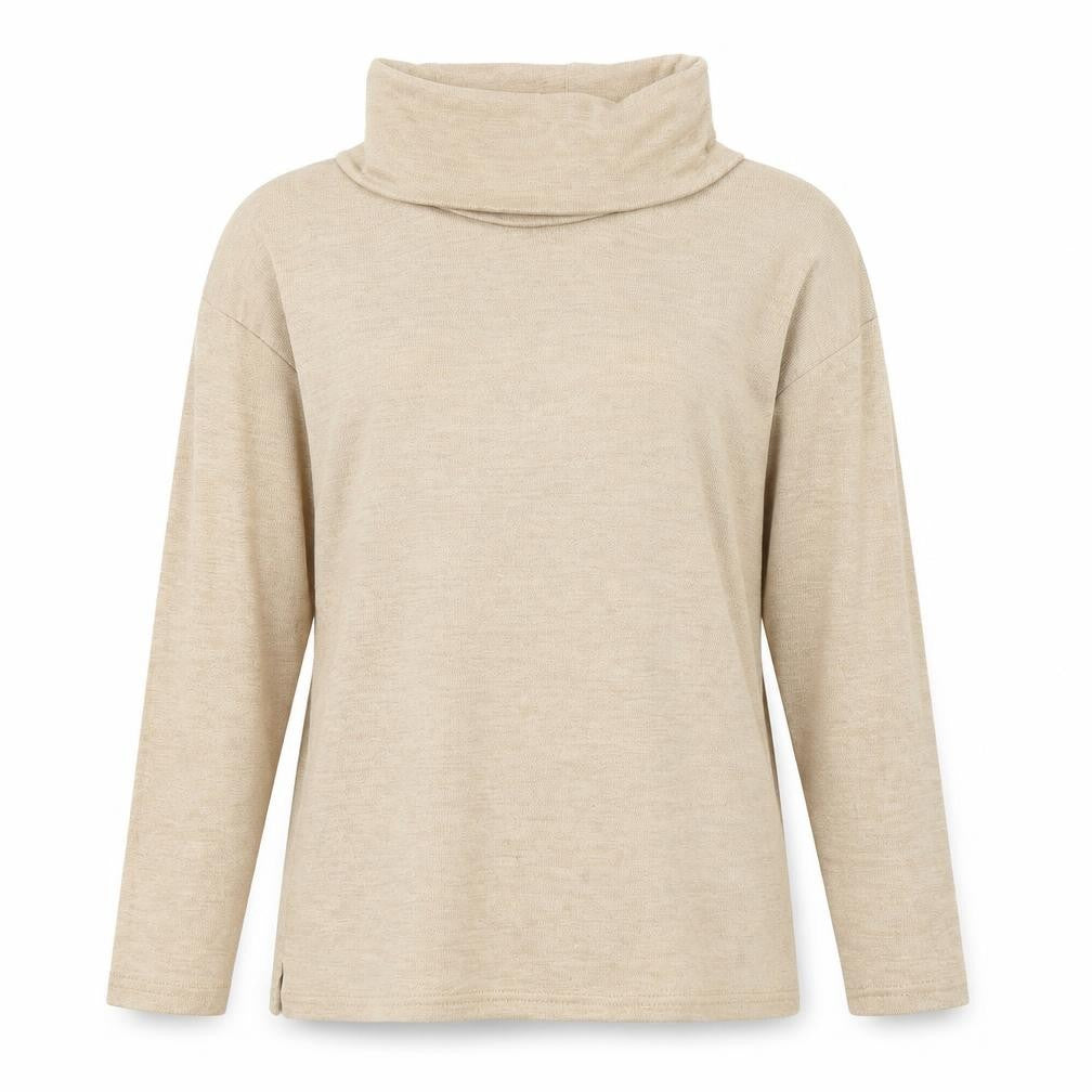 Front view of Dunnes women’s brown roll neck polyester jumper, size S