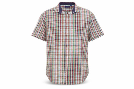 Front view of Peter England men’s multicoloured plaid cotton button-up, size L, collared button