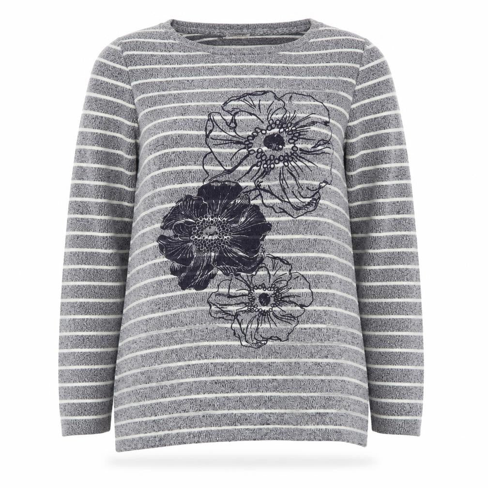 Front view of Boysens women’s grey round neck striped polyester jumper, size UK 14