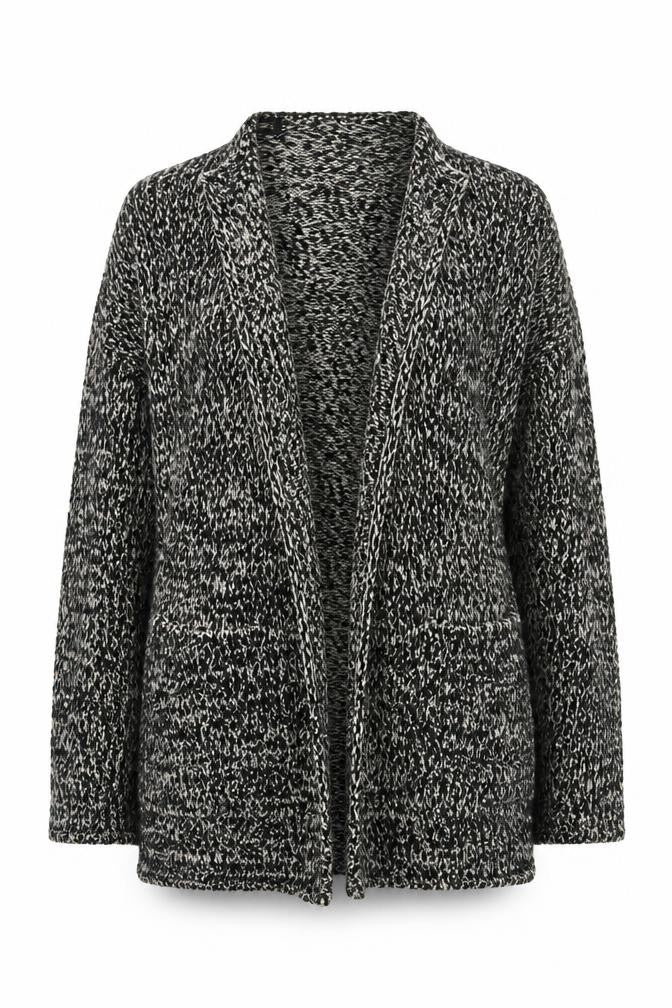 Front view of Soon women’s black v-neck polyester cardigan jumper, size UK 14