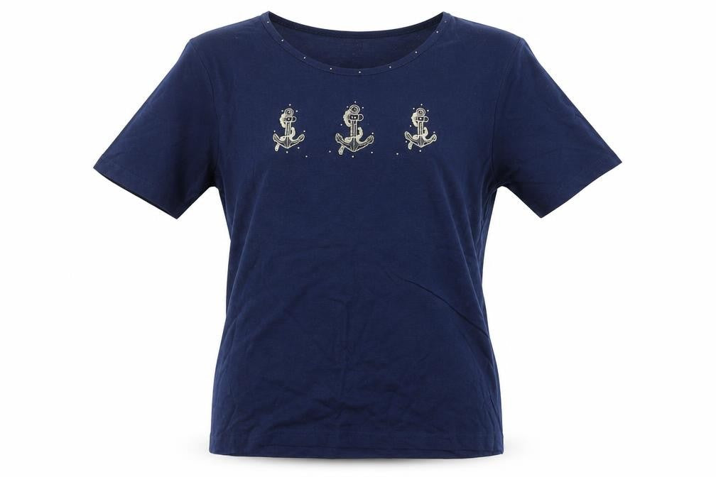 Anne De Lancay Womens Blue  Cotton Basic T-Shirt Size M Round Neck - Anchor