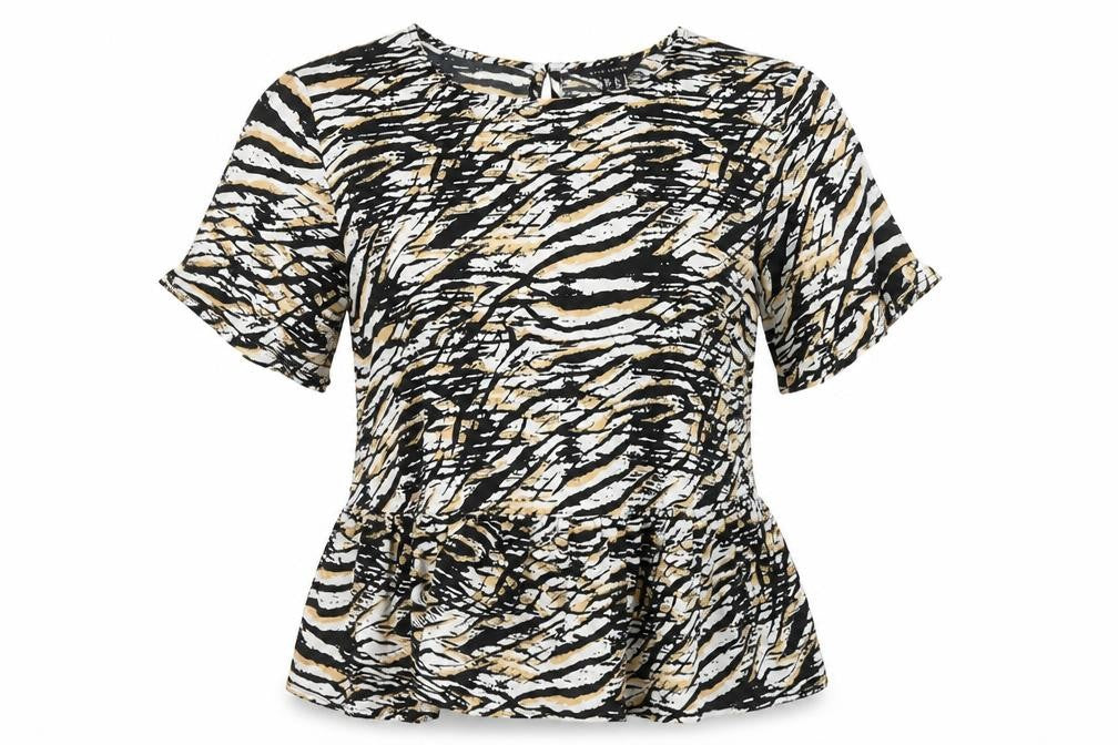Front view of New Look women’s multicoloured geometric polyester basic blouse, size UK 8, round neck