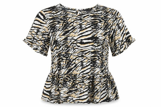 Front view of New Look women’s multicoloured geometric polyester basic blouse, size UK 8, round neck