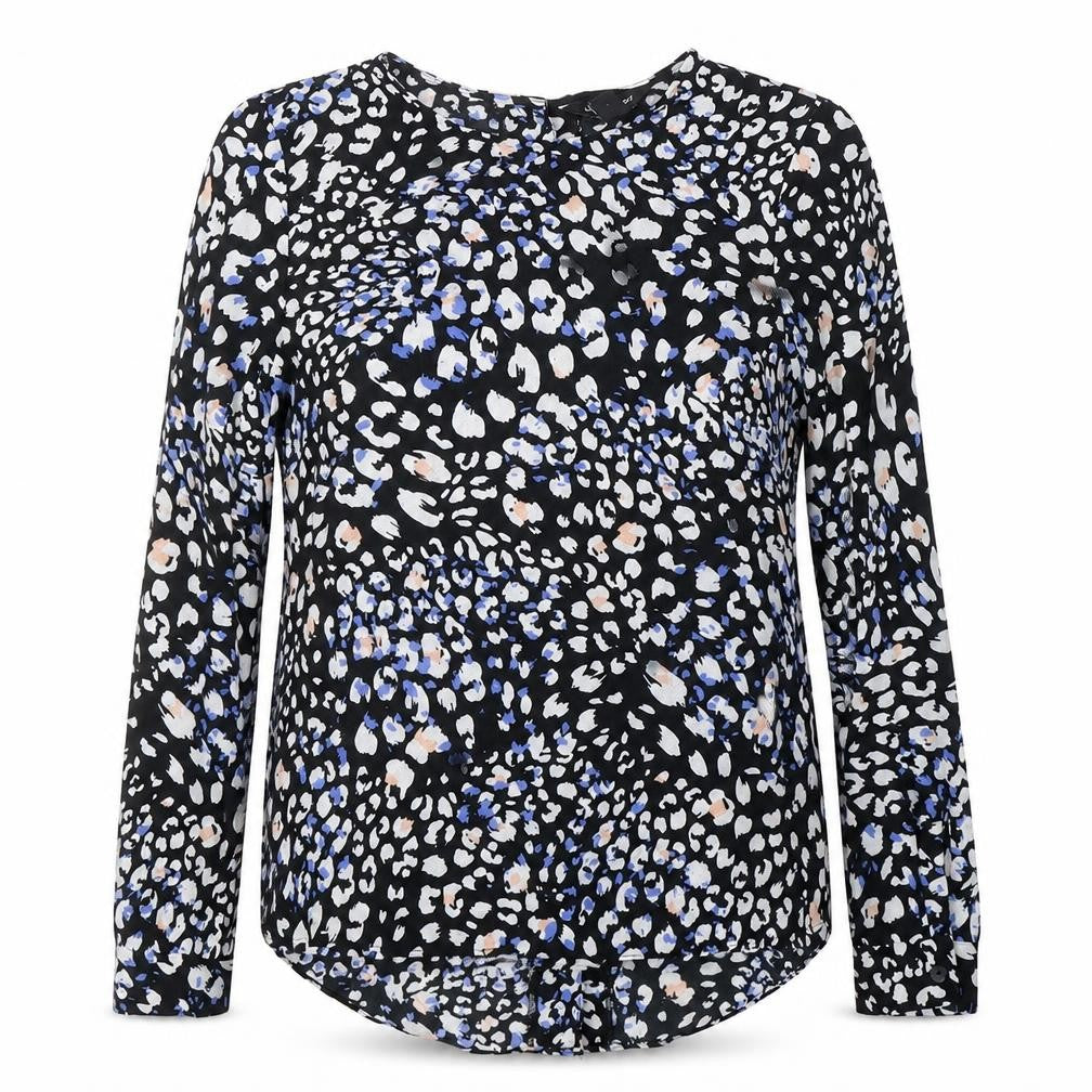 Front view of New Look women’s black floral viscose basic blouse, size UK 8, round neck