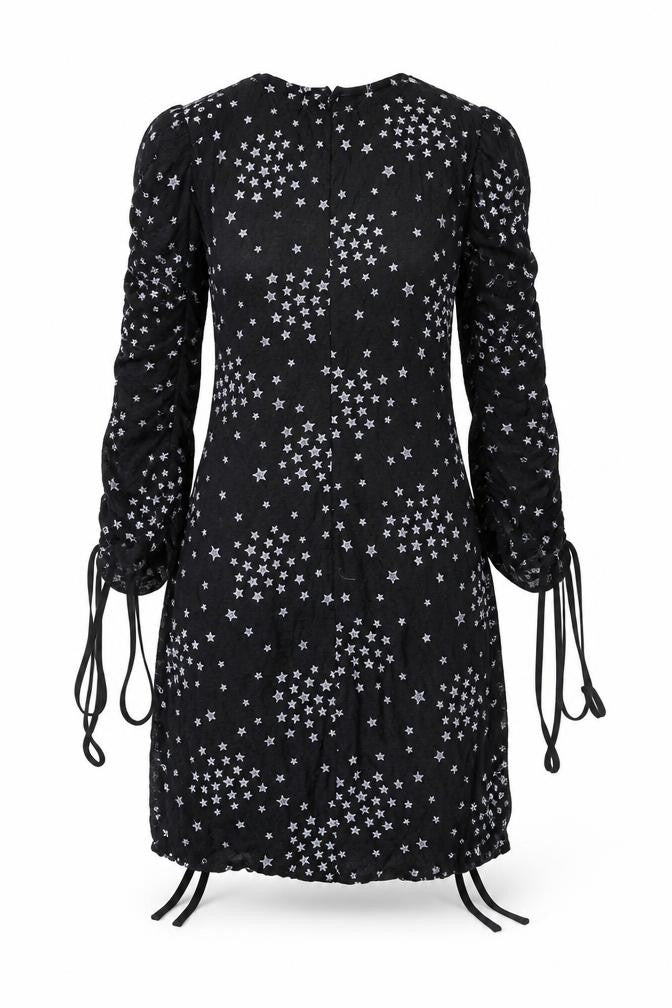 Front view of Topshop women’s black geometric polyester mini, size UK 8, round neck zip
