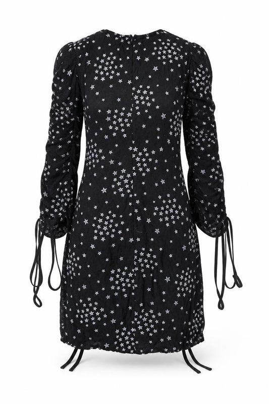 Front view of Topshop women’s black geometric polyester mini, size UK 8, round neck zip