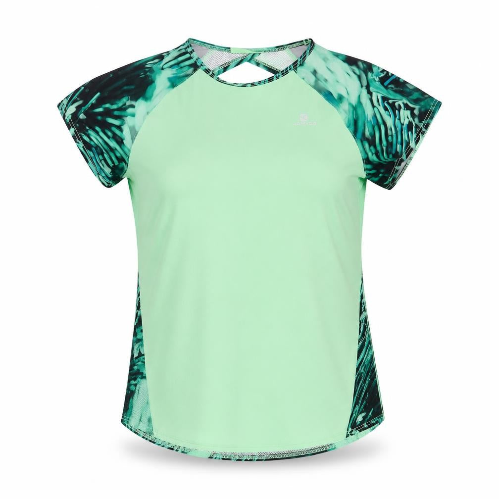 Front view of Domyos women’s green colourblock polyester basic t-shirt, size XS, round neck pullover
