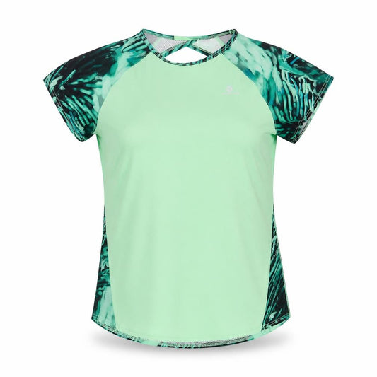 Front view of Domyos women’s green colourblock polyester basic t-shirt, size XS, round neck pullover