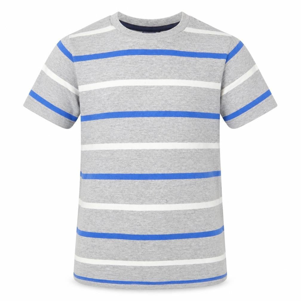 Front view of Primark boys’ grey striped cotton basic t-shirt, size 9-10, years round neck pullover