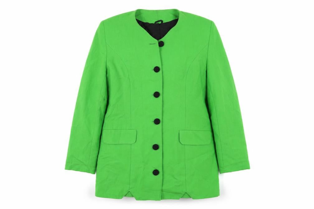 Front view of Comola Rhodes women’s green jacket blazer, size UK 14, button